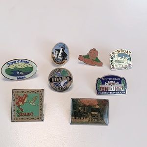 Eight Collectible souvenir travel pins Idaho Arkansas Virginia and more